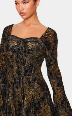 Black Devore Long Sleeve Romper