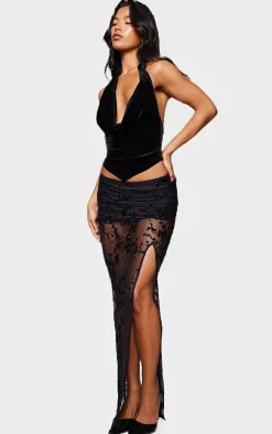 Black Devore Mesh Foldover Slit Maxi Skirt