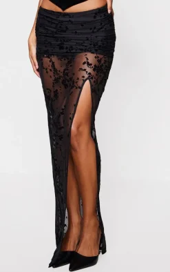 Black Devore Mesh Foldover Slit Maxi Skirt