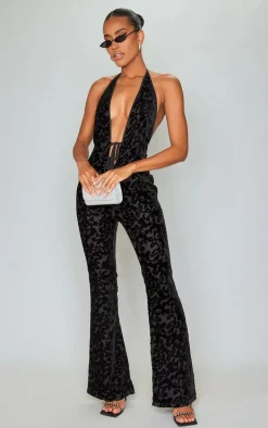 Black Devore Plunge Tie Detail Flared Jumpsuit