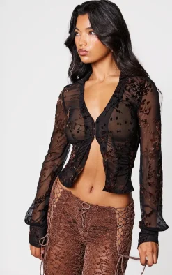 Black Devore Ruched Fitted Shirt