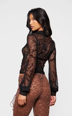 Black Devore Ruched Fitted Shirt