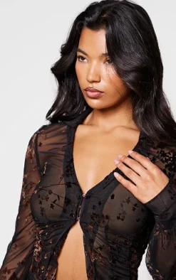 Black Devore Ruched Fitted Shirt