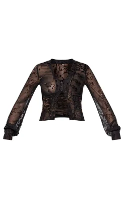 Black Devore Ruched Fitted Shirt