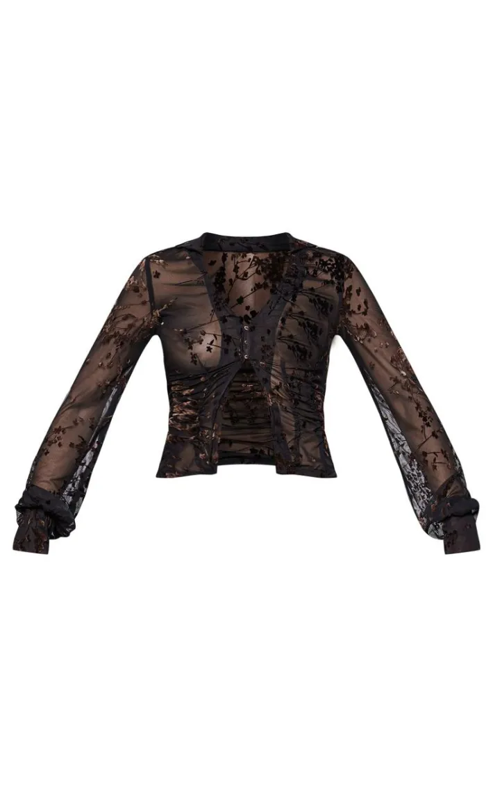 Black Devore Ruched Fitted Shirt