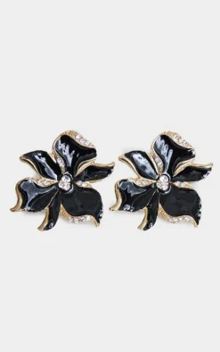 Black Diamante Flower Twist Stud Earrings