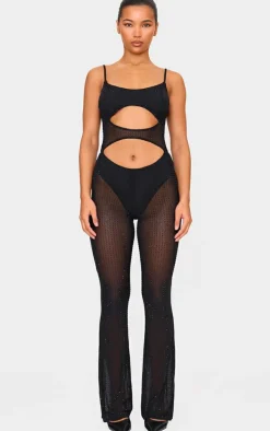 Black Diamante Hot Fix Mesh Cut Out Strappy Jumpsuit