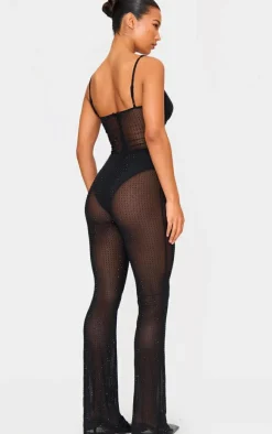 Black Diamante Hot Fix Mesh Cut Out Strappy Jumpsuit