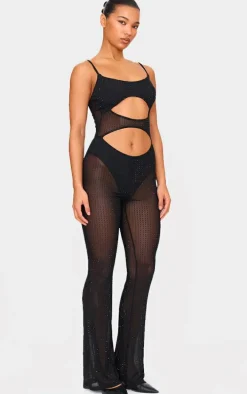Black Diamante Hot Fix Mesh Cut Out Strappy Jumpsuit