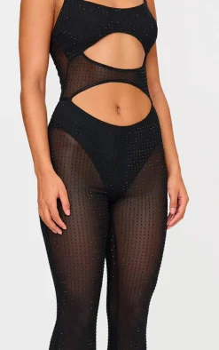 Black Diamante Hot Fix Mesh Cut Out Strappy Jumpsuit