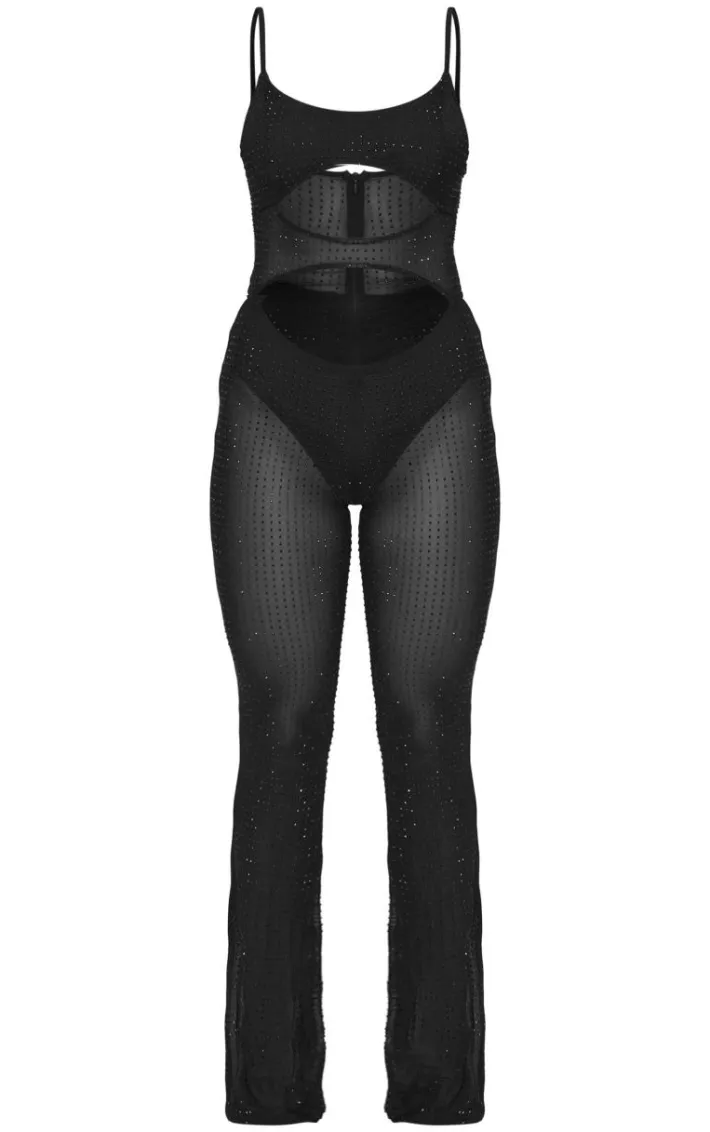 Black Diamante Hot Fix Mesh Cut Out Strappy Jumpsuit