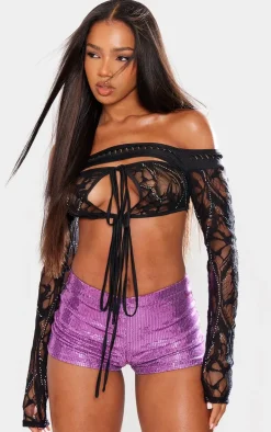 Black Diamante Lace Cut Out Long Sleeve Crop Top