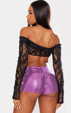 Black Diamante Lace Cut Out Long Sleeve Crop Top