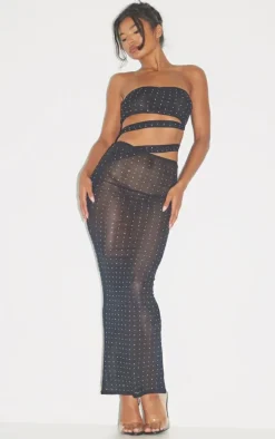Black Diamante Mesh Cut Out Bandeau Maxi Dress