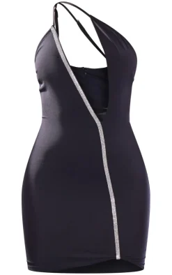 Black Diamante Trim One Shoulder Cut Out Bodycon Dress