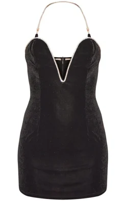 Black Diamante Velvet Bust Detail Plunge Bodycon Dress