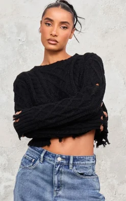 Black Distressed Cable Knit Button Detail Cropped Sweater