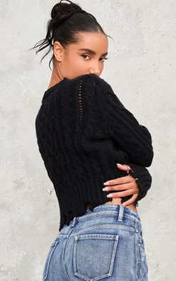 Black Distressed Cable Knit Button Detail Cropped Sweater