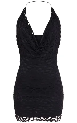 Black Distressed Cowl Halterneck Mini Dress