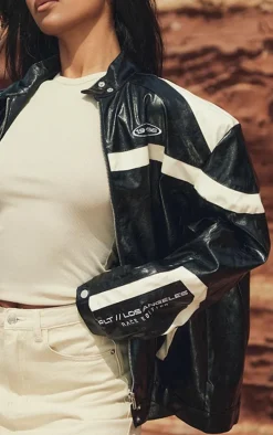 Black Distressed Faux Leather Racer Jacket
