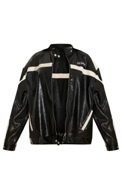 Black Distressed Faux Leather Racer Jacket