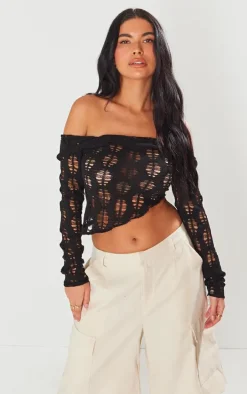 Black Distressed Knit Bardot Long Sleeved Top