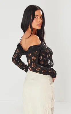 Black Distressed Knit Bardot Long Sleeved Top
