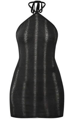 Black Distressed Ladder Halterneck Low Back Bodycon Dress