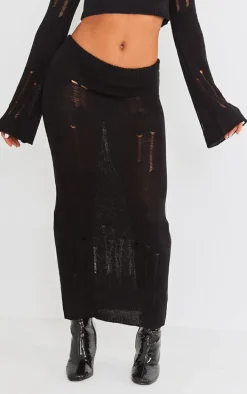 Black Distressed Ladder Knit Maxi Skirt