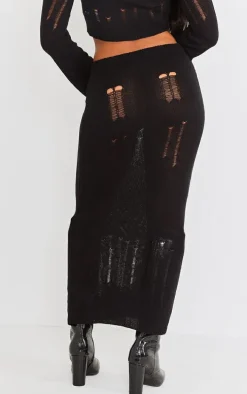 Black Distressed Ladder Knit Maxi Skirt