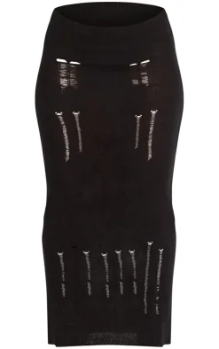 Black Distressed Ladder Knit Maxi Skirt