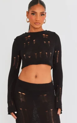 Black Distressed Ladder Knit Long Sleeve Top