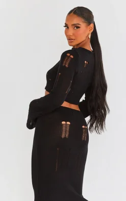 Black Distressed Ladder Knit Long Sleeve Top
