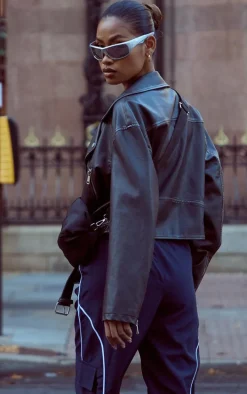 Black Distressed Look Oversized Belted Hem Biker Jacket