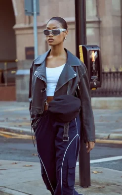 Black Distressed Look Oversized Belted Hem Biker Jacket