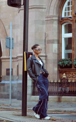 Black Distressed Look Oversized Belted Hem Biker Jacket