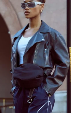 Black Distressed Look Oversized Belted Hem Biker Jacket