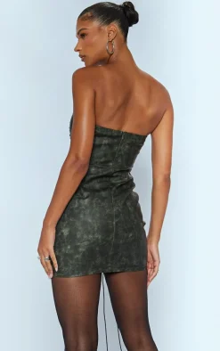 Black Distressed PU Lace Up Bandeau Bodycon Dress