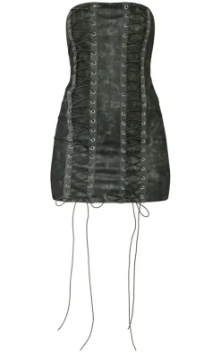 Black Distressed PU Lace Up Bandeau Bodycon Dress