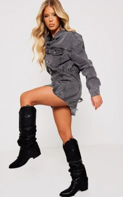 Black Distressed PU Point Toe Fold Over Heeled Knee Western Boots