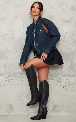 Black Distressed PU Point Toe Knee High Block Heel Western Boots