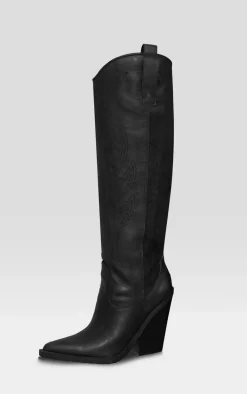 Black Distressed PU Point Toe Knee High Block Heel Western Boots