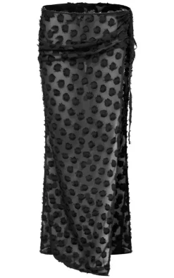 Black Distressed Sheer Polka Dot Tie Waist Maxi Skirt