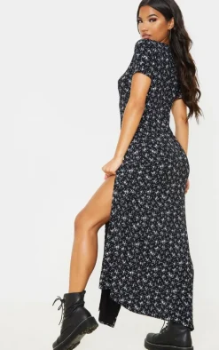 Black Ditsy Floral Split Detail Maxi Dress