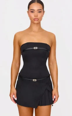 Black Double Belt Bandeau Pleated Mini Dress