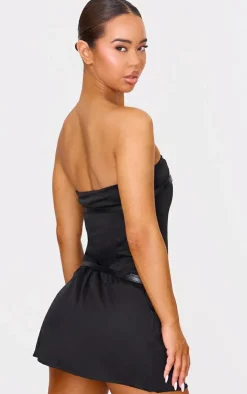 Black Double Belt Bandeau Pleated Mini Dress