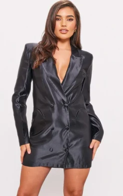 Black Double Breasted Satin Tailored Blazer Dress