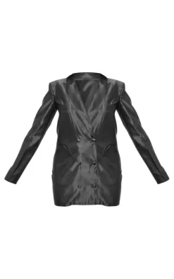 Black Double Breasted Satin Tailored Blazer Dress