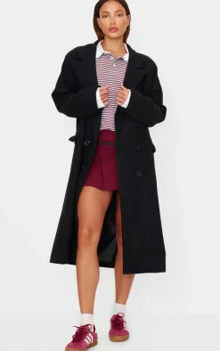 Black Double Breasted Wool Look Overcoat