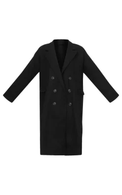 Black Double Breasted Wool Look Overcoat